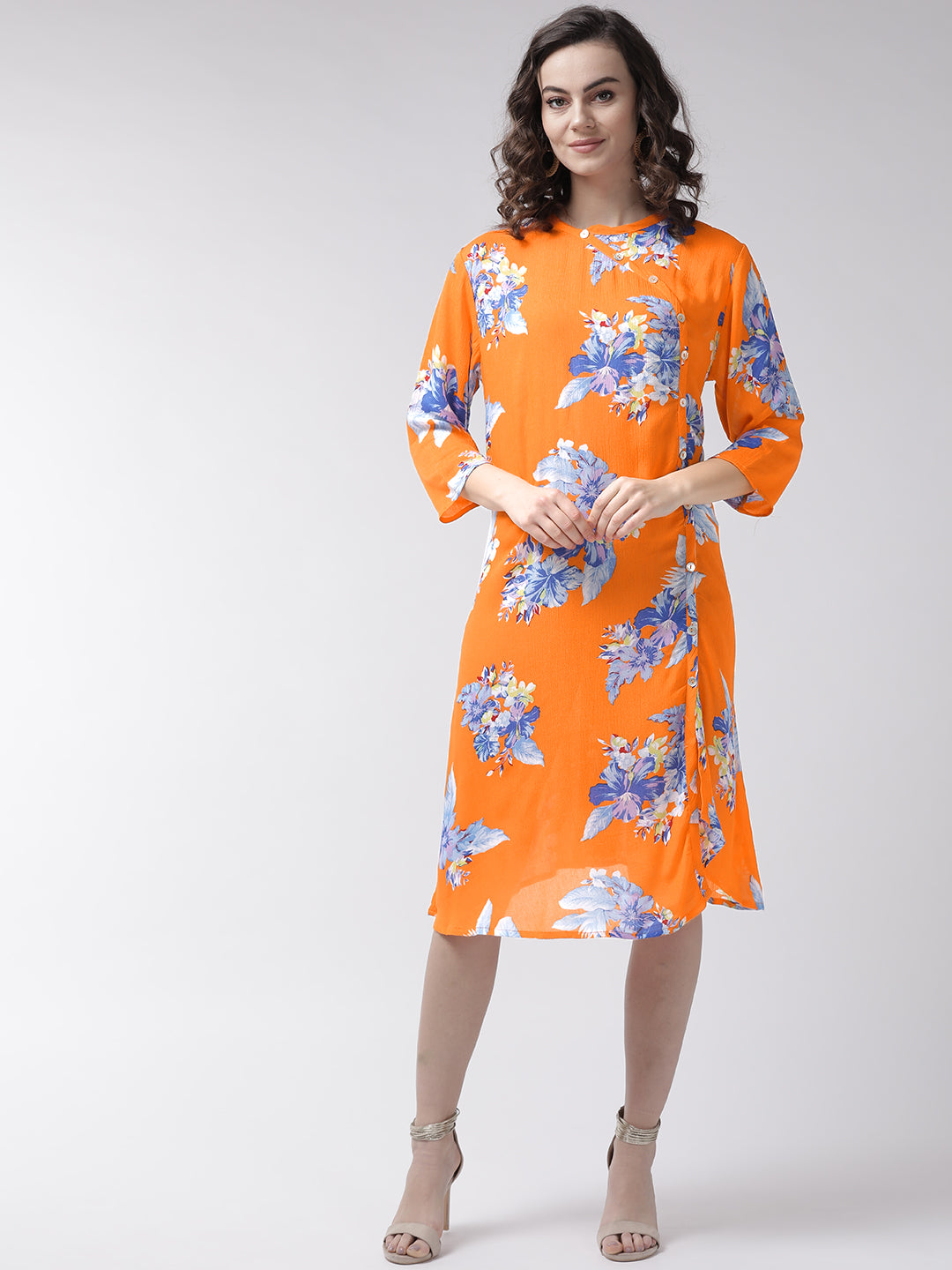 Women Orange & Blue Printed Wrap Dress