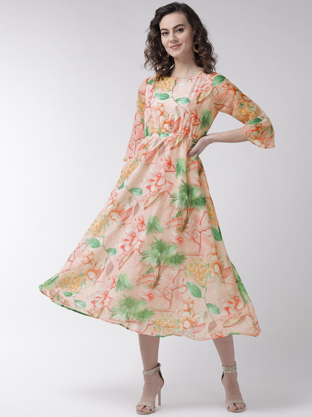 Women Peach-Colored & Green Floral Print A-Line Dress
