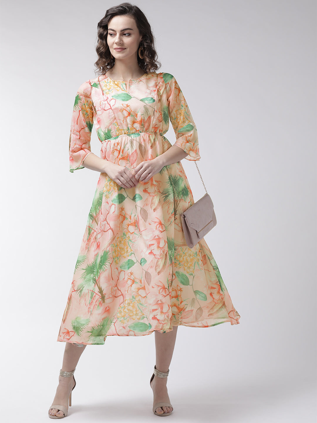 Women Peach-Colored & Green Floral Print A-Line Dress