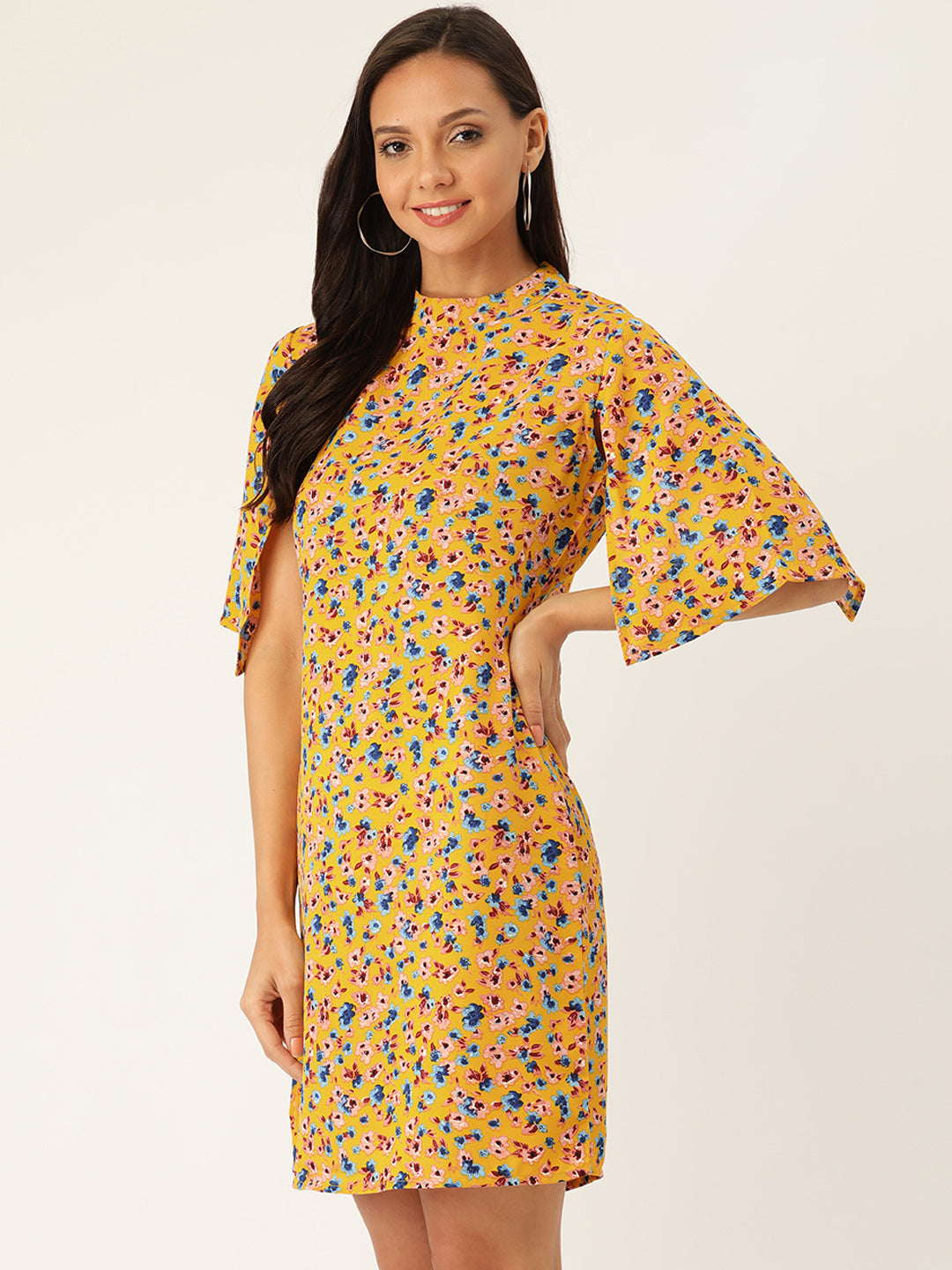 Rue Collection Women Yellow & Blue Floral Printed A-Line Dress