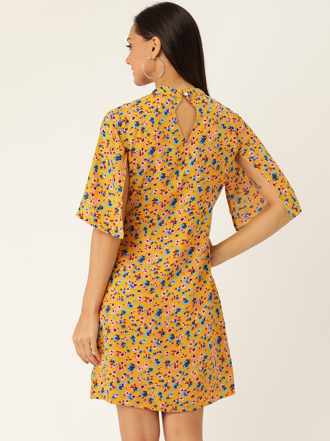 Rue Collection Women Yellow & Blue Floral Printed A-Line Dress