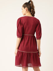 Women Maroon Cotton Crinkled Effect Solid Tiered Wrap Dress