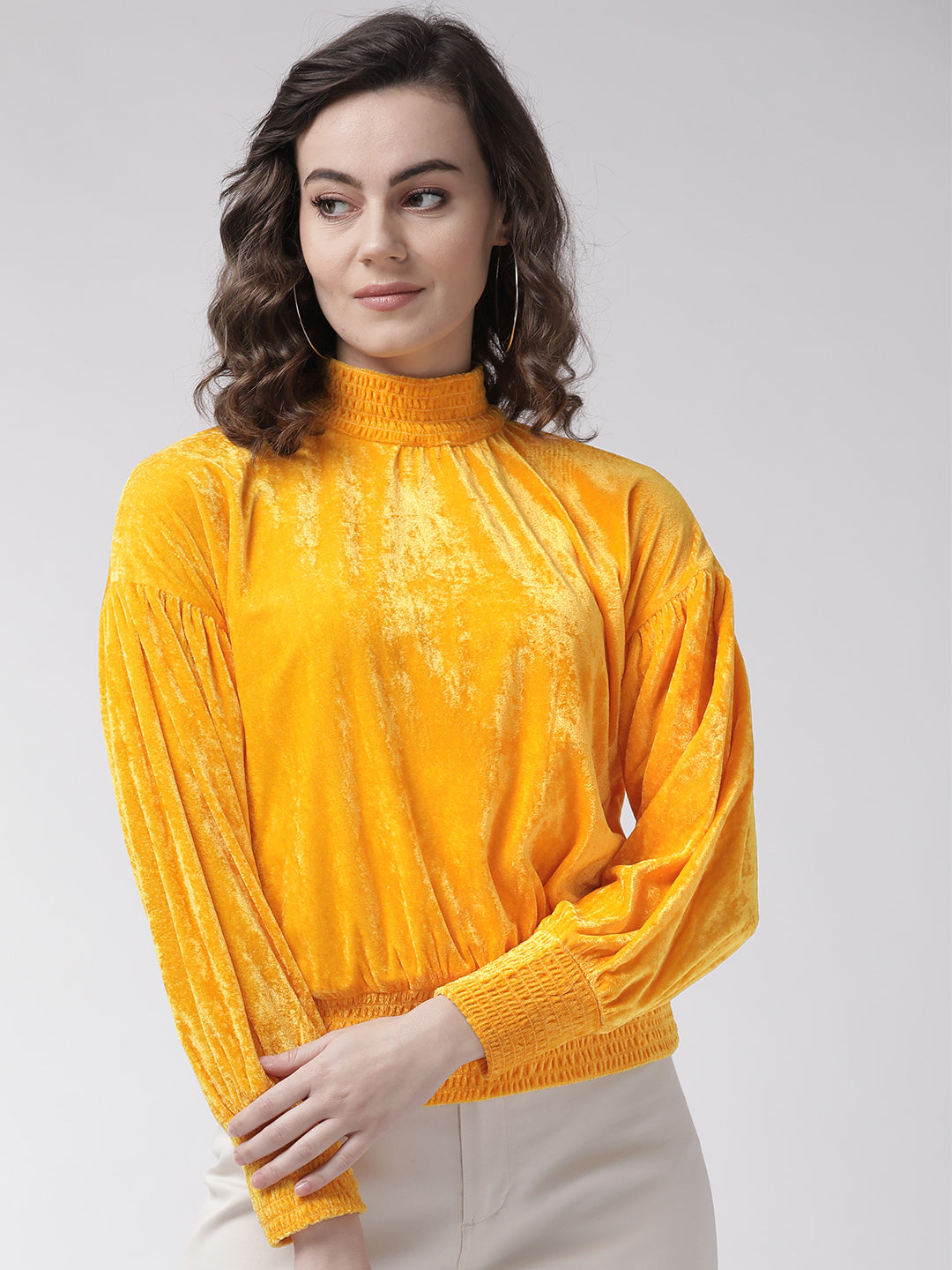 Rue Collection Women Yellow Solid Velvet Finish Blouson Top