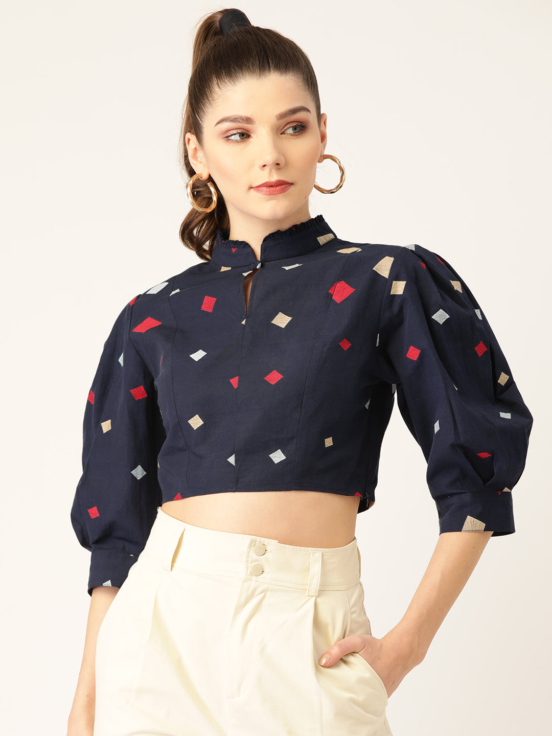 Navy Blue & Red Geometric Embroidered Keyhole Neck Pure Cotton Crop Top