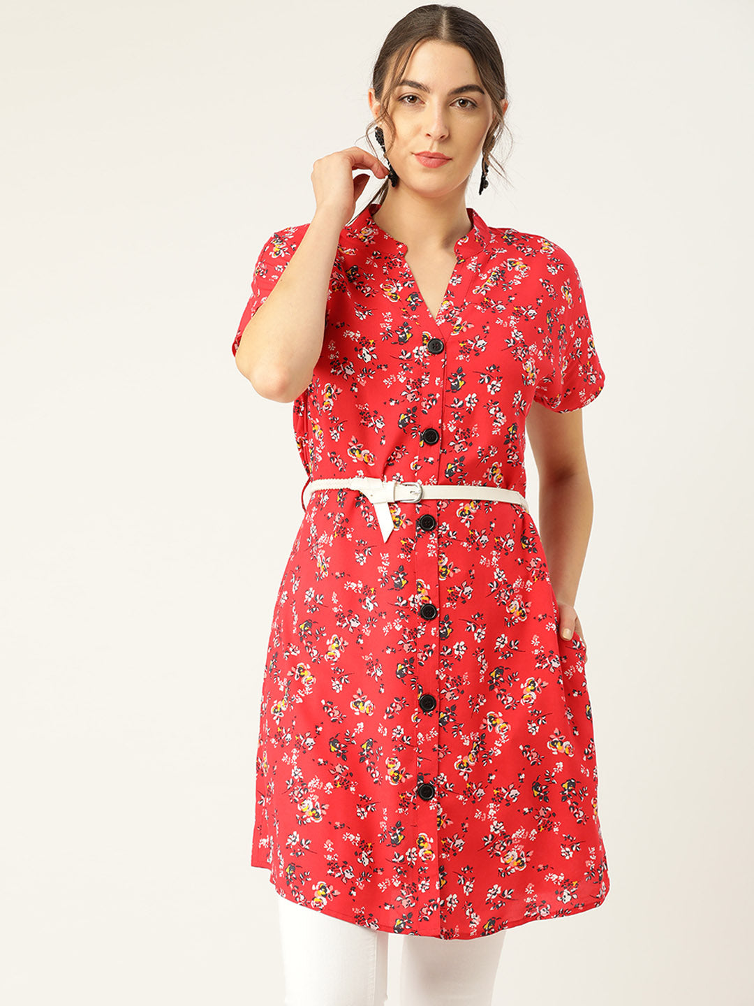 Women Red & Navy Blue Floral Printed Tunic