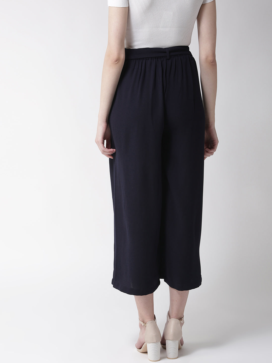 Women Navy Blue Loose Fit Solid Regular Trousers