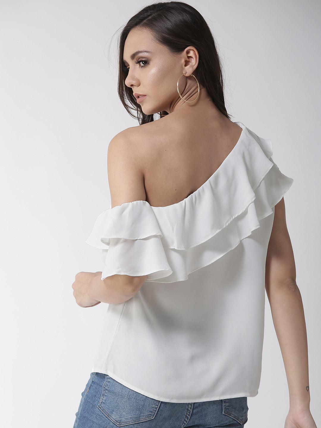 Women White Solid One Shoulder Top